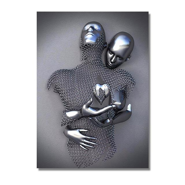 Love Couples Poster 3D Metal Figure Statue Canvas Painting Human Body Sculpture Wall Art Printing Picture for Home Room Decor