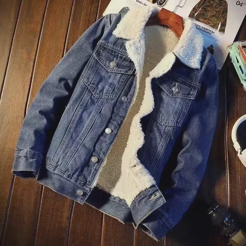 Men's Korean Style Thickened Retro Denim Jacket with Plus Velvet