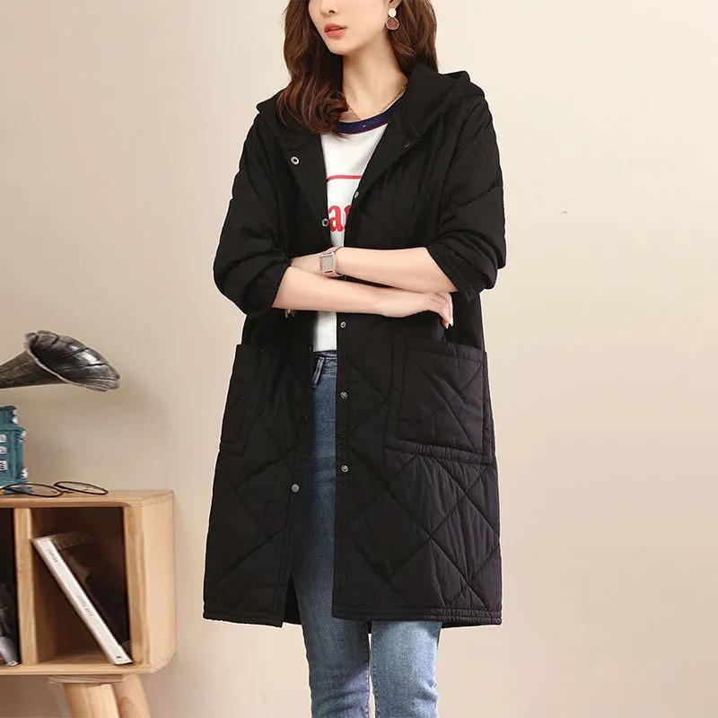 Cotton Jacket Women's Autumn Hooded Casual Tops Button Big Pockets Cotton Jacket Loose Sandwich Cotton Jacket