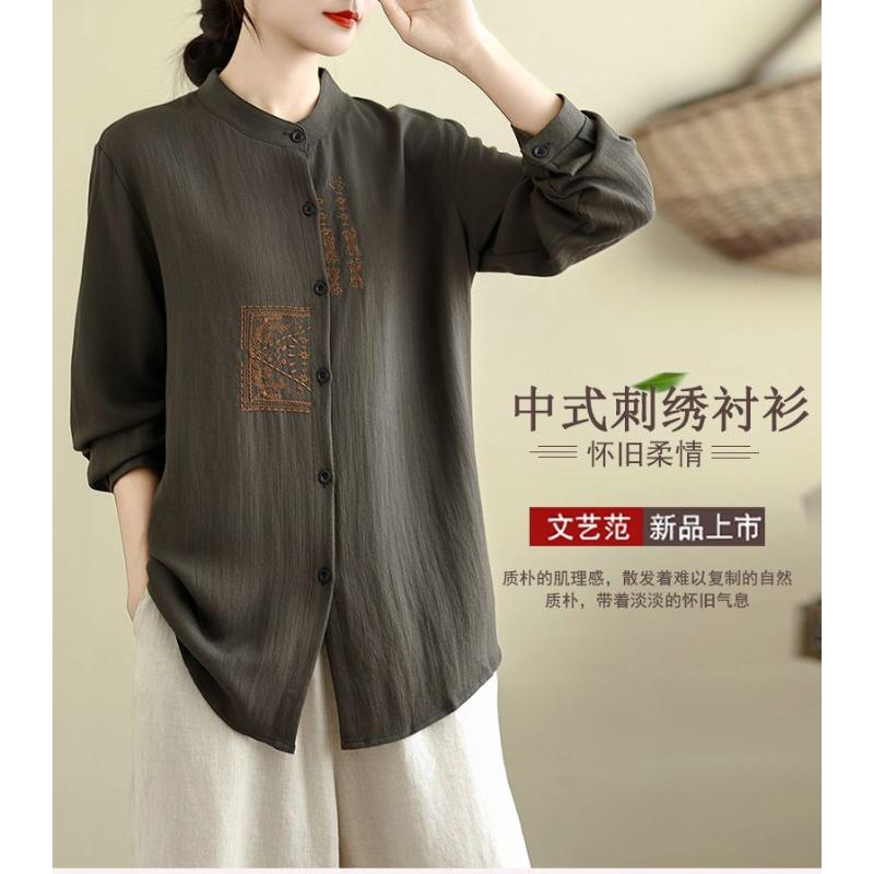 Bavlněná a lněná retro čínská vyšívaná košile s dlouhým rukávem jaro podzim nová volná ležérní všestranná top