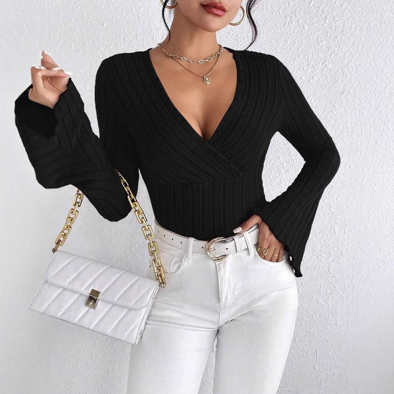 Women's Fall and Winter Long-sleeved Tops, V-neck Sexy Slim Striped Women's Tops, Long-sleeved T-shirt Knitted Bottoming Shirt