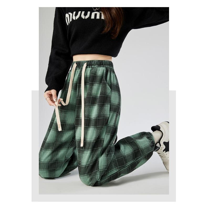 New Korean Style with Plush Velvet Thickened Autumn and Winter Loose Slim Plaid Tying Pants High Waist Harem Trousers for Women