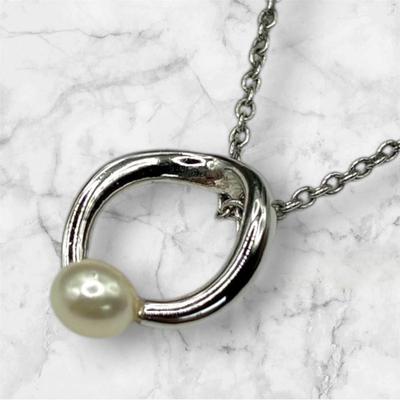 Used TASAKI Pearl Necklace Silver Color Oval Design