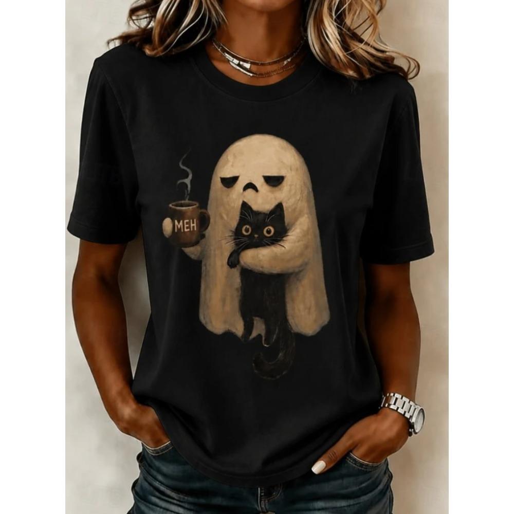 Fashion Women Retro Creative Ghost Print T Shirt Funny Casual O-neck Short Sleeves T-shirt Summer Female Tee Shirt Halloween Limited Edition