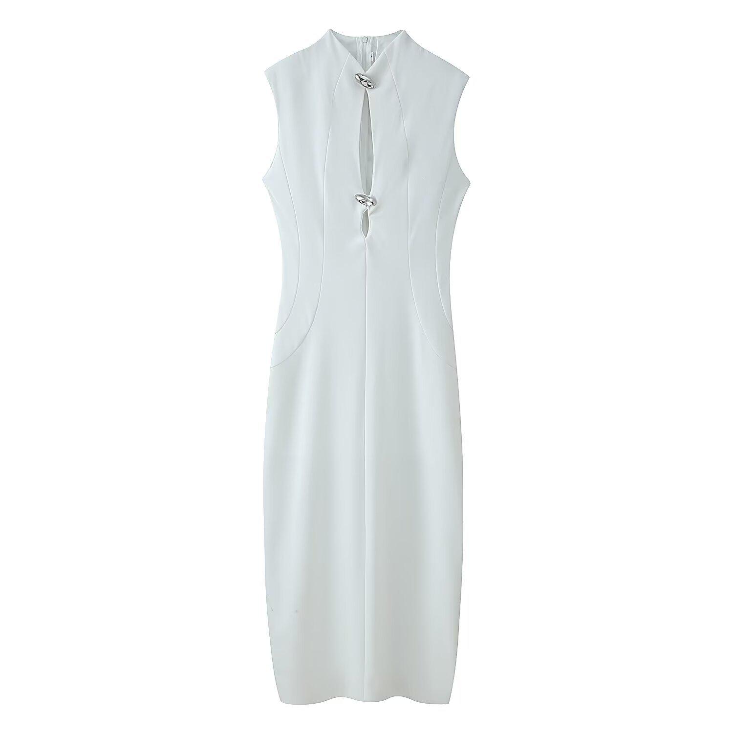 Женское модное безрукавное длинное платье в европейско-американском стиле с пуговицами Medium белый