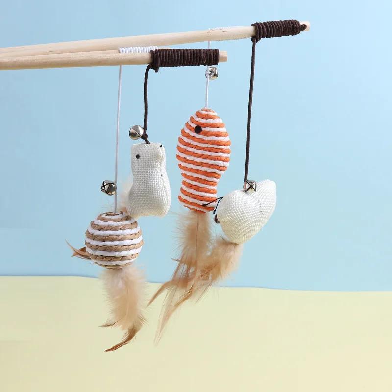 Cat Toy Cat Teaser Stick Handmade Cotton And Linen Woven Wooden Pole Cat Teaser Stick Cute Simulation Mouse Cat Interactive Toy