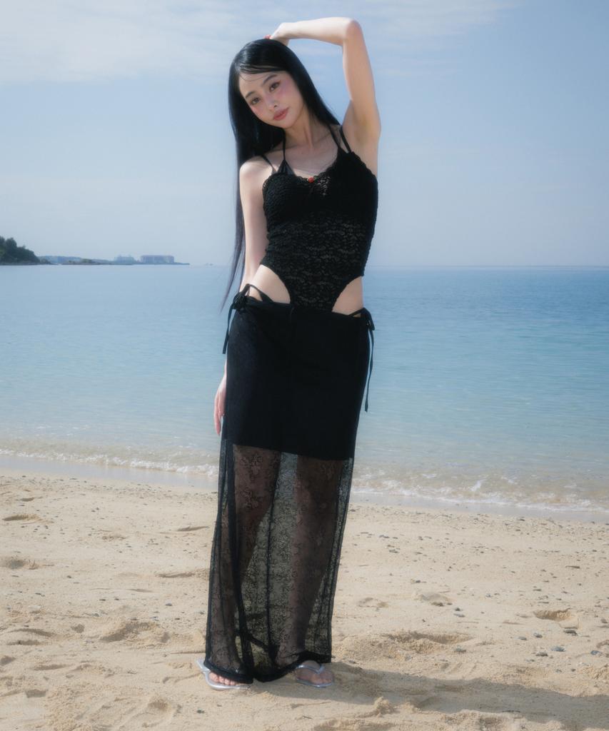 Rose Franz Lace Lowrise Long Skirt [Black]