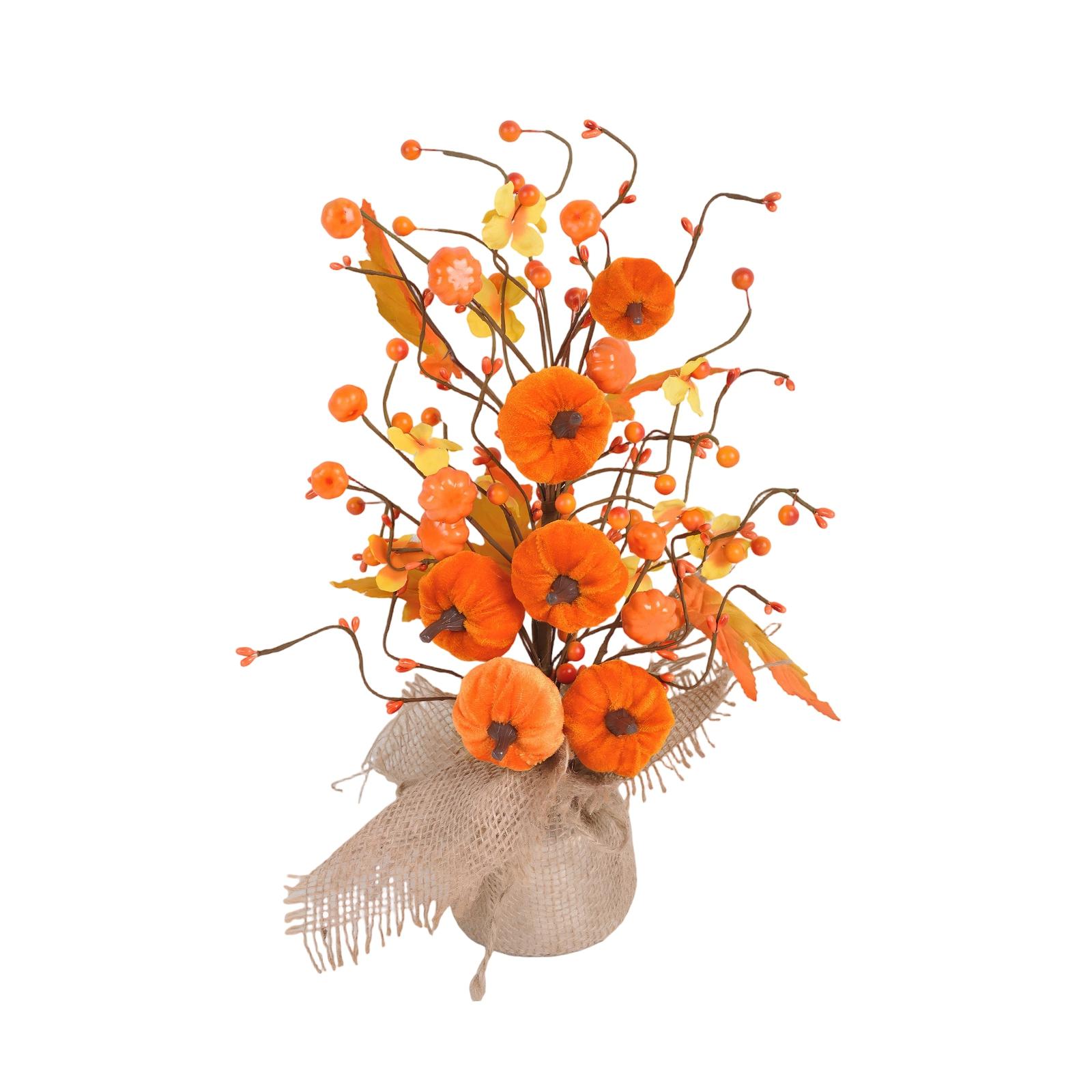 Artificial Autumn Pumpkin Arrangement with Small Trees Berries and Maple Leaves Decorative Fall Floral Accent for Tabletop Display or Home Decor One Size оранжевый