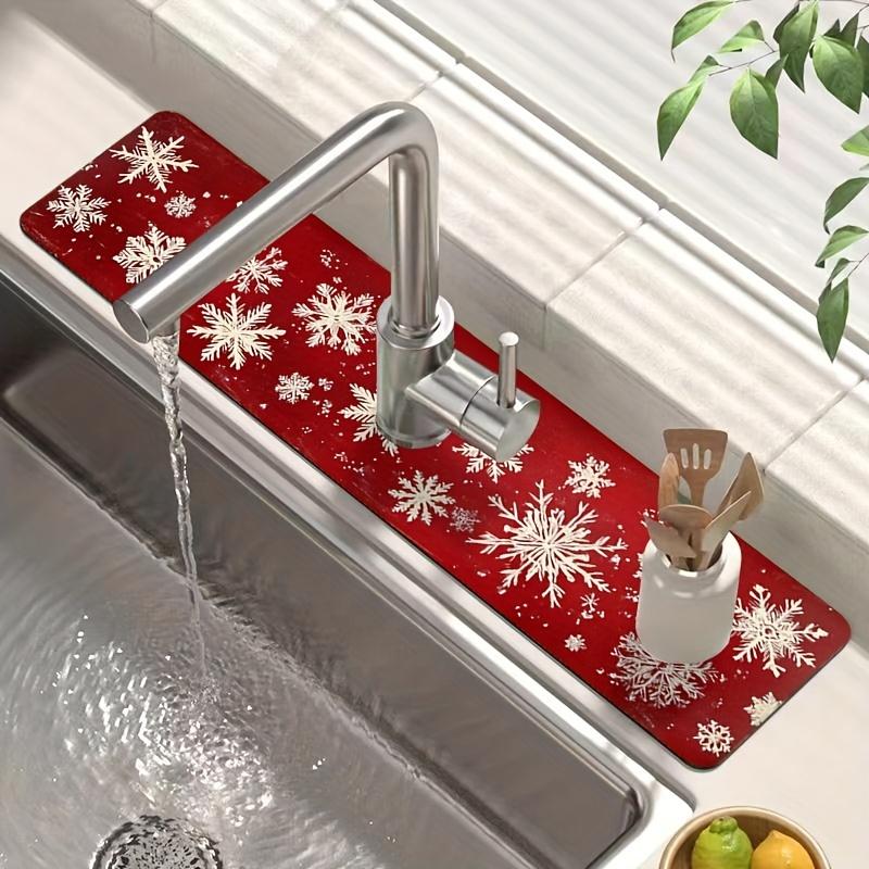 1Pcs Christmas Snow Red Pattern Sink Faucet Absorbent Mat, Drainage Pad, Kitchen Bathroom Sink, Countertop Drain Pad
