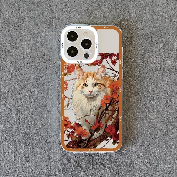Painted Plum Blossom Flower Cat Clear Phone Case For iPhone 11 12 13 Pro Max 14 15 Pro Max Plus XS XR X Transparent Back Cover
