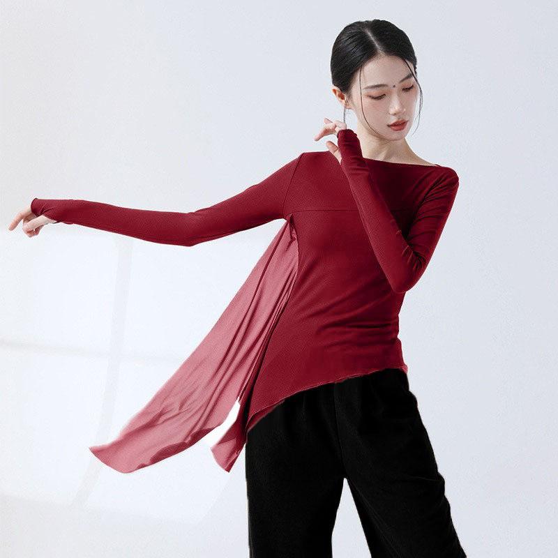 Classical Dance Practice Clothes Finger Sleeve Side Split Tulle Design Chinese Style Casual Wear Chic Stage Performance Costume