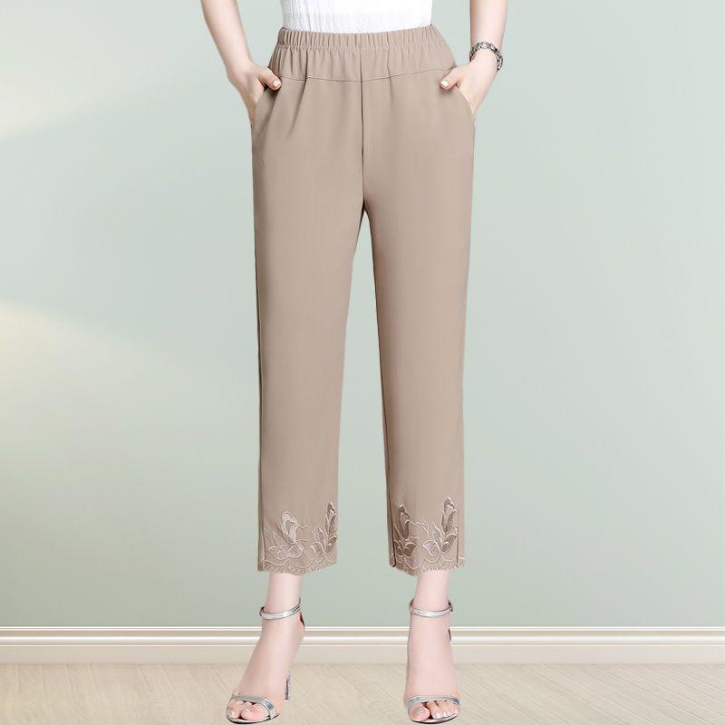 Mom's Chiffon High-Waisted Embroidered Loose-Fit Capri & Ankle Pants for Middle-Aged Women