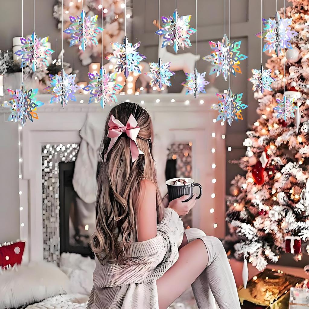 15pcs 3D Large Iridescent Paper Snowflakes Winter Ornament - Snowflakes in 3 Sizes Hanging Ornaments for Winter Wonderland Decorations Frozen