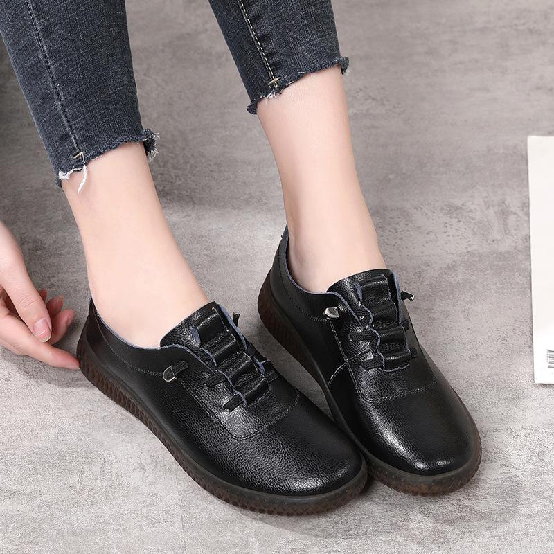 Women's Casual Shoes 2025 Spring and Autumn Cowhide Comfortable Soft Sole Flat Bottom Mom Single Shoe with Plush Casual Shoes