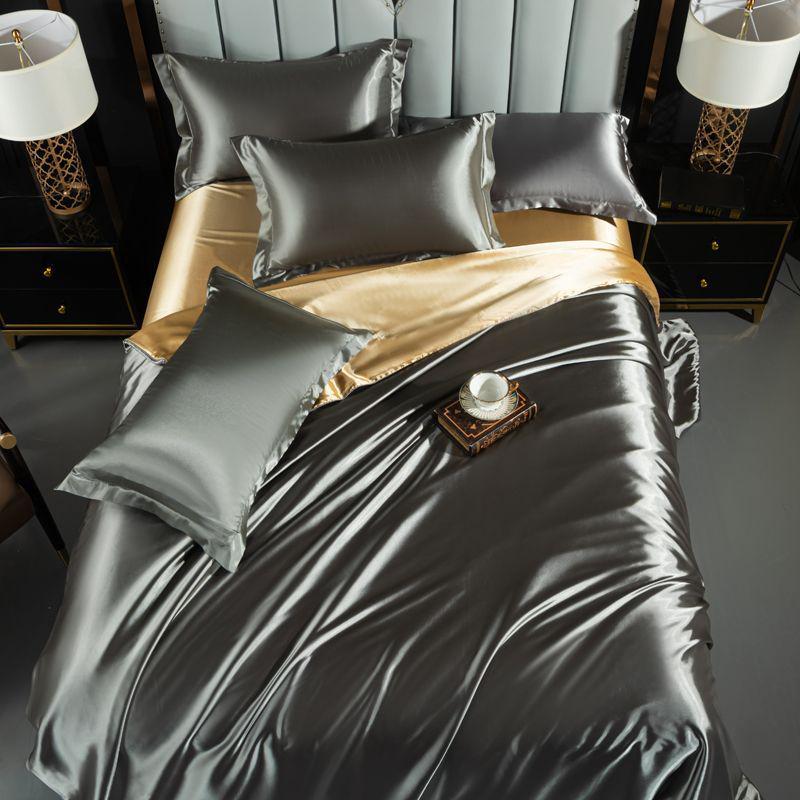 Double-Sided Washable Silk Bedding Set: Sheet, Duvet Cover, Bed Skirt