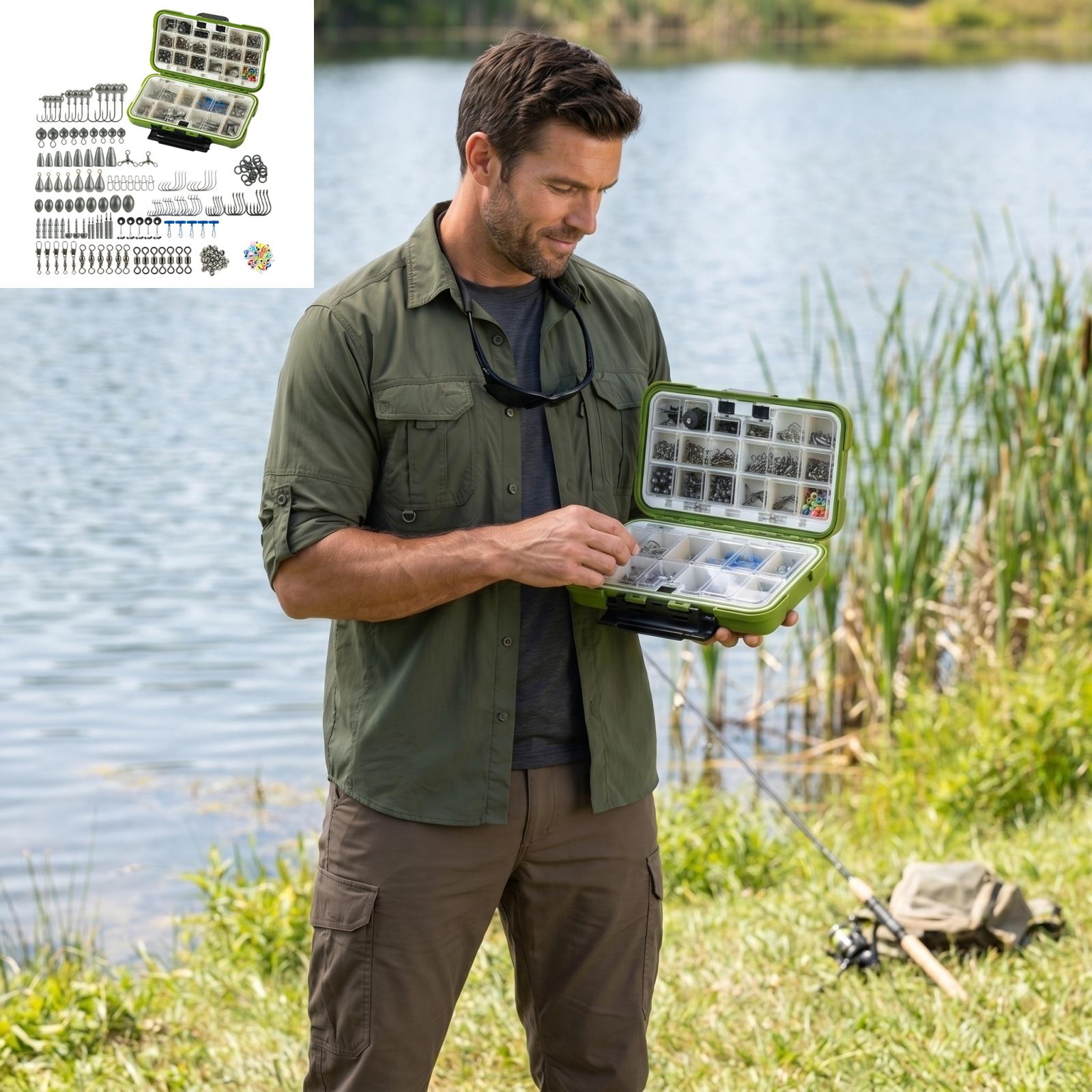 

397 Piece Fishing Tackle Kit Including Texas Rig Weights Hooks Swivels Beads Sinkers and Storage Box for Freshwater and Saltwater Fishing One Size