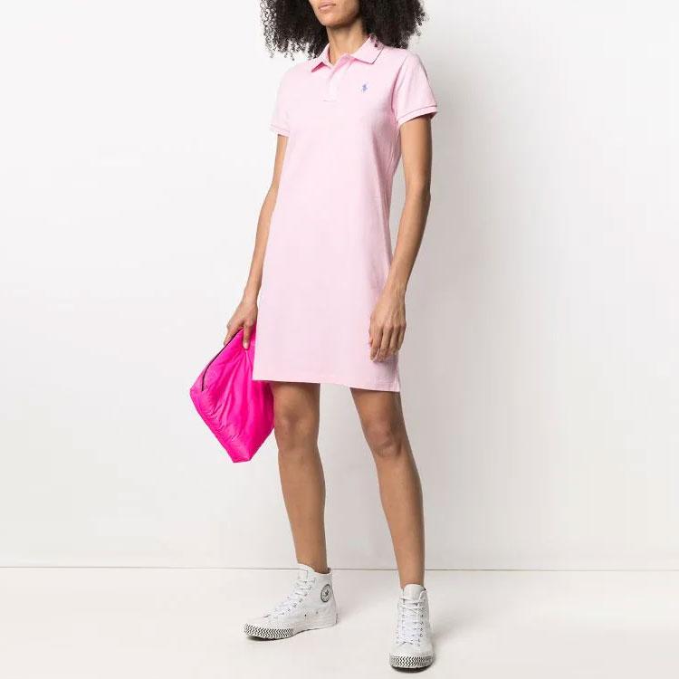 Polo Ralph Lauren Polo Pony Solid Logo Embroidered Short Sleeve A-Line Midi Dress Women dresses Pink 211799490012P-012