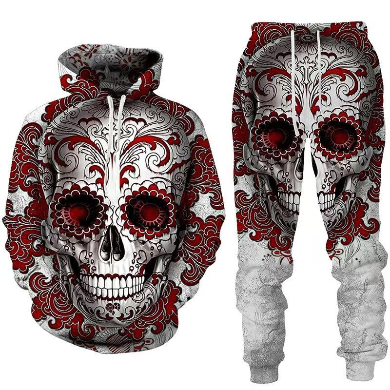 Hot Sale, Stylish 3D Skull Print Punk Sportswear, Pants Hoodie Couple Suit Street Trend