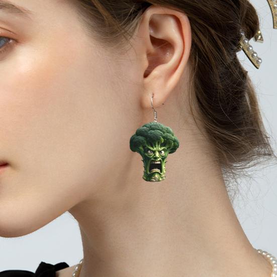 1 Pair Hook Earrings Abstract Vegetable Cartoon Design Angry Broccoli Shape Lightweight 2D Acrylic Drop Earrings Jewelry Gift