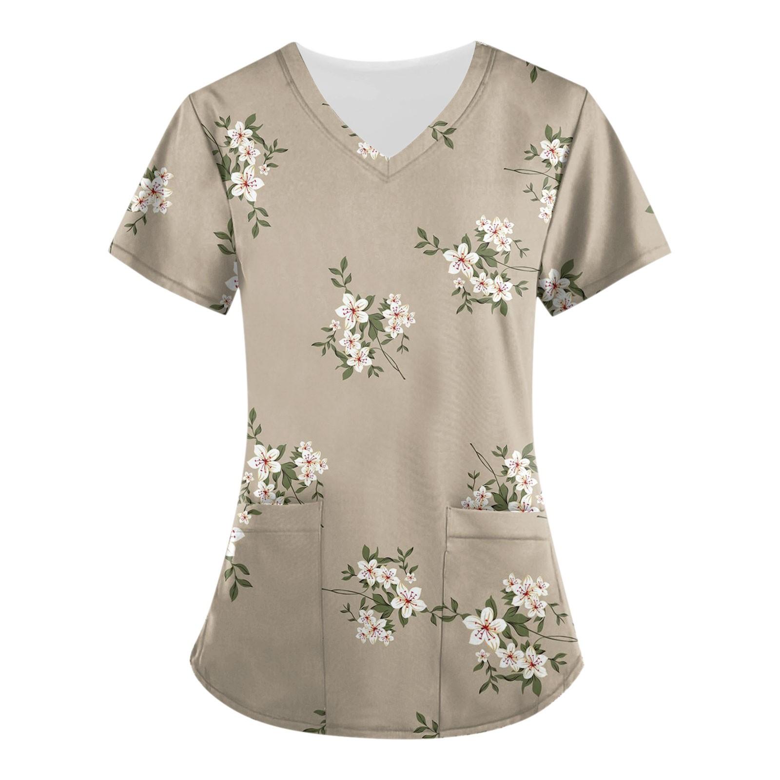 

Женские топы с короткими рукавами и v-образным вырезом с цветочным принтом, рабочая униформа, карманная блузка XXXXXXL