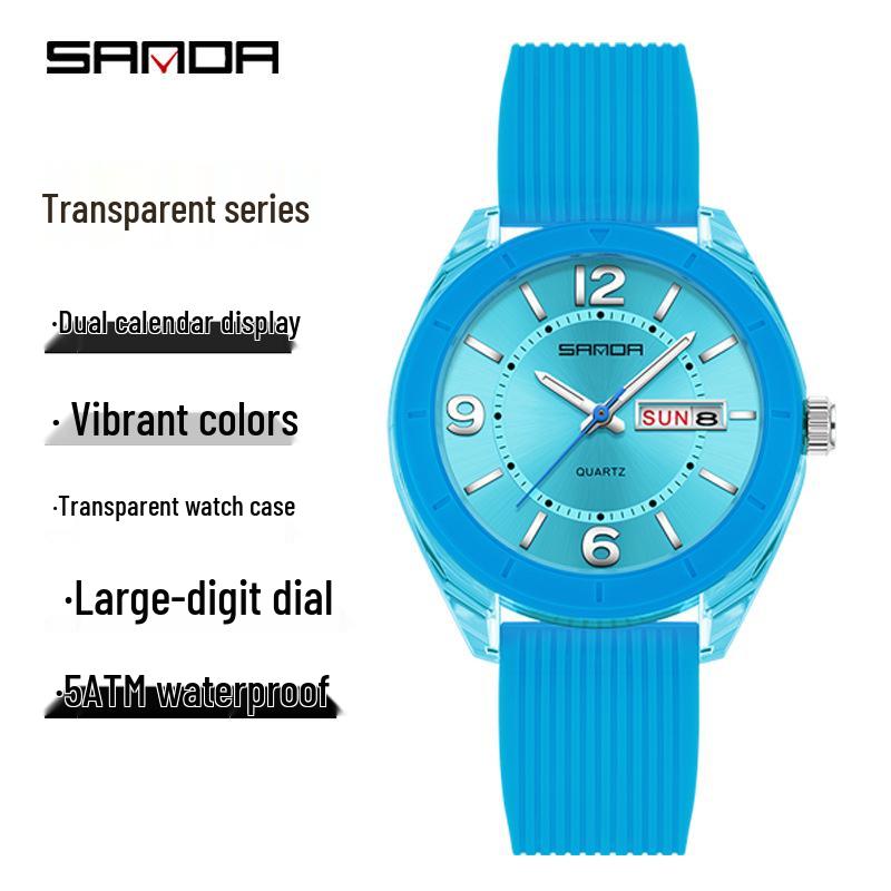 Orologio Sanda Dual Calendar al Quarzo da Studente con Lancette Luminose, Impermeabile, alla Moda, Cassa Rotonda Trasparente