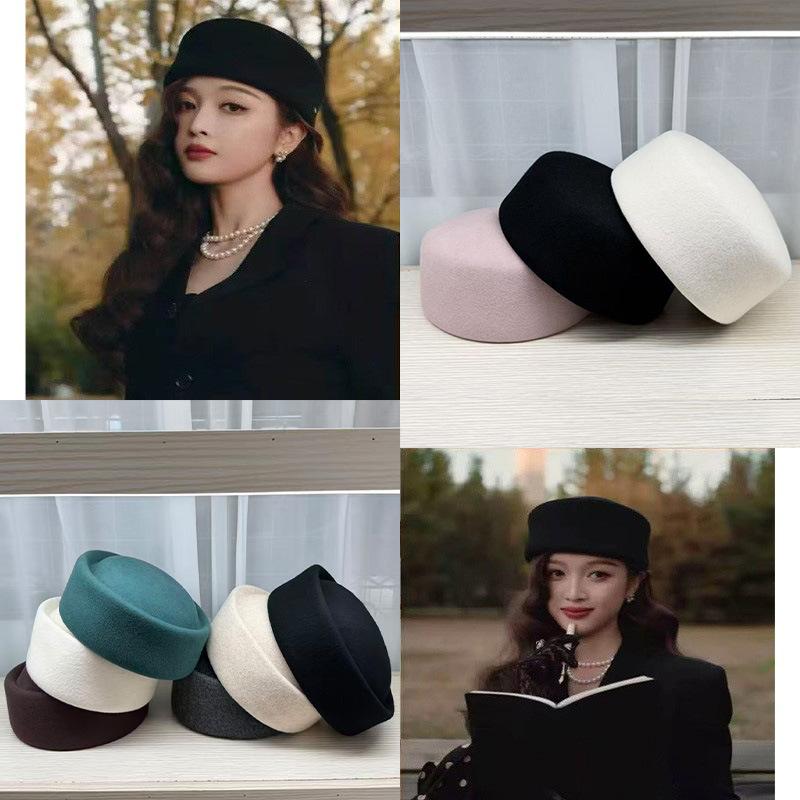 High Quality% Wool Fashion Medicine Box Hat French Top Hat Women's Basin Hat Three-dimensional Beret Elegant Flight Attendant Hat