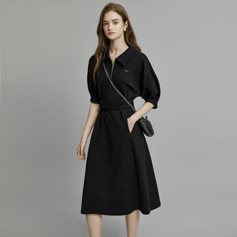 ELLE Polo Collar Design High Waist Midi Dress Slim Fit Elegant Short Sleeve Dress Women Dresses EL34321
