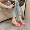 White/Pink Peep Toe Square Head Thin High Heeled Womens Slippers Narrow Band Crossover Rhinestones Sandals Beach Shoes