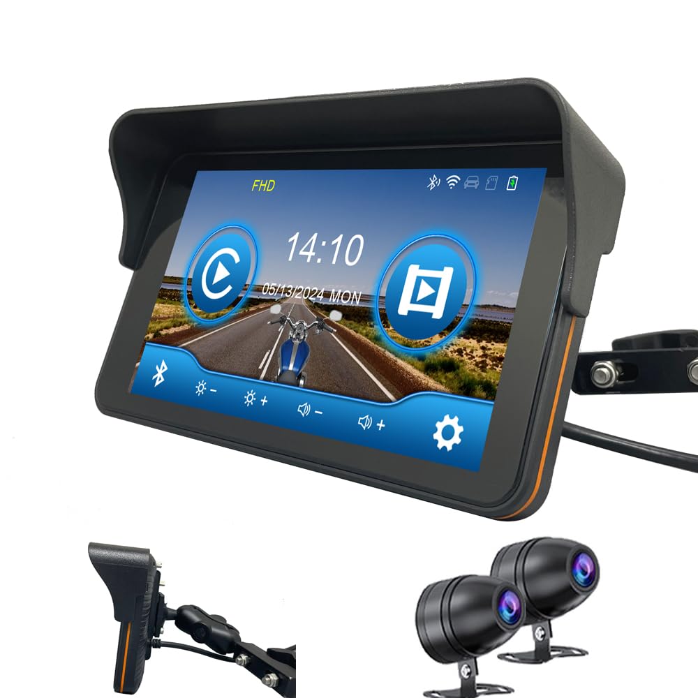 Motorcycle Recorder with Android Auto Aluminum Alloy 1080P Front and Rear 1000mAh and Motorcycle Navigation 7-inch CarPlay, Stand, Waterproof,