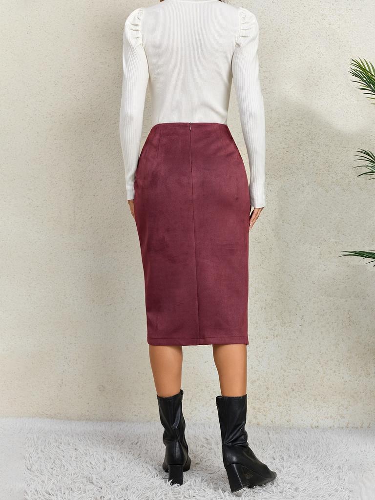 Women's Solid Color Pleated Suede Skirt High Waisted Buckle Wrapped Hip Short Skirt Middle Skirt