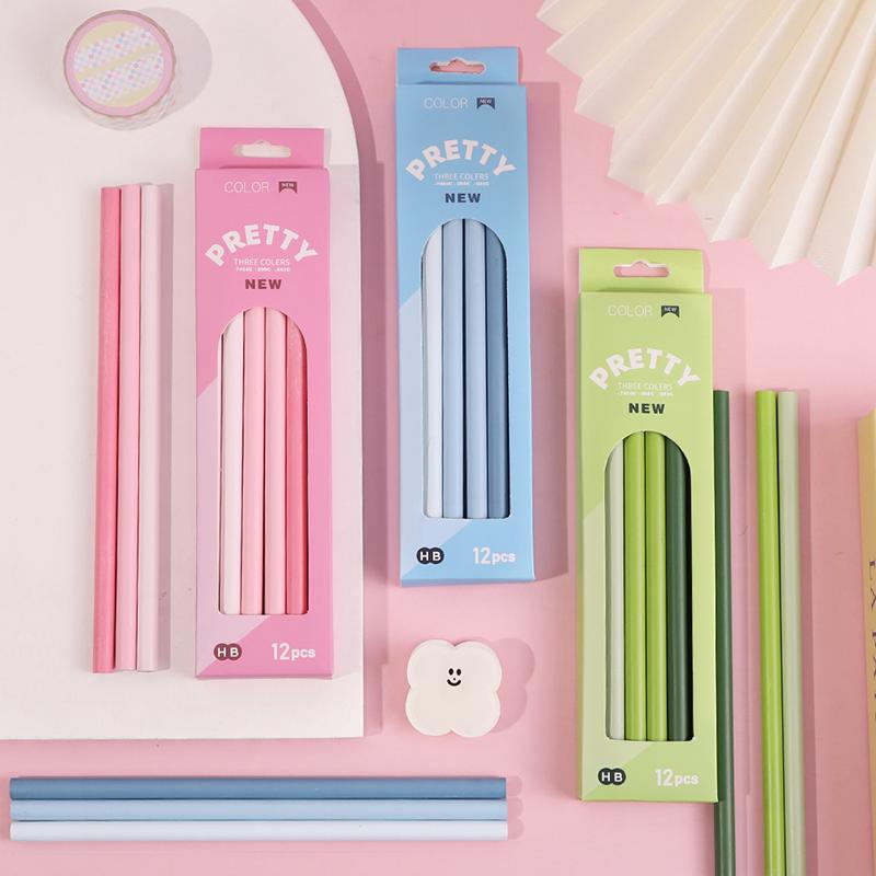 12-Piece Set of Gradient-Colored Pencils In a Box: Natural Wood Finish, Eco-Friendly, Pastel “Macaron” Colors