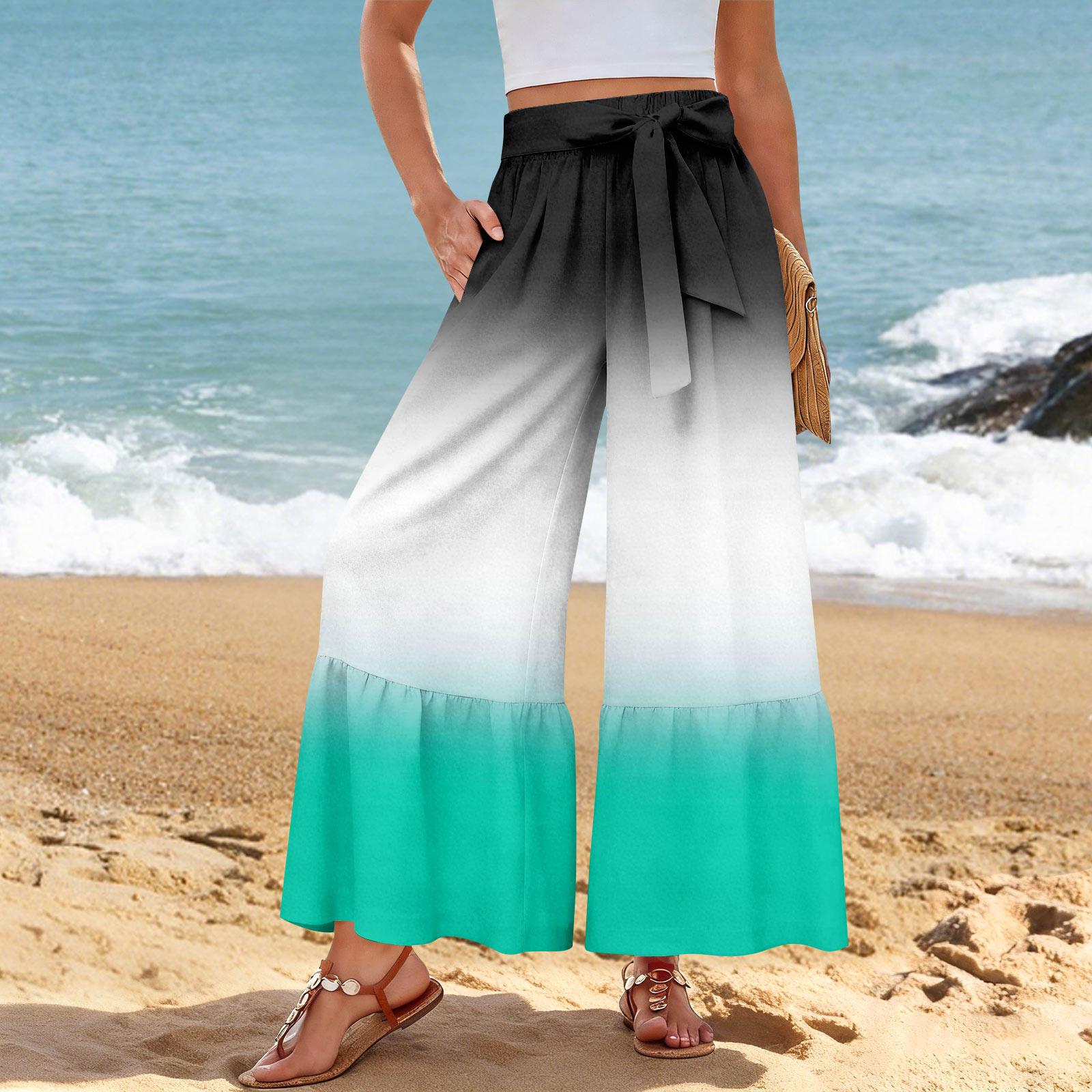 Women s Wide-Leg Casual Pants, Stretch, High Waist, Ruffled Hem, Wide Legs, Belted, And Pockets XL белый