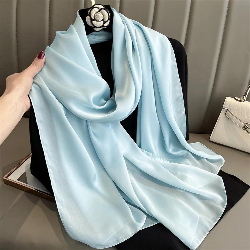 Solid Silk Scarf Women Fashion Quality Soft Scarves Female Shawls Foulard Bandana Beach Cover-Ups Wraps