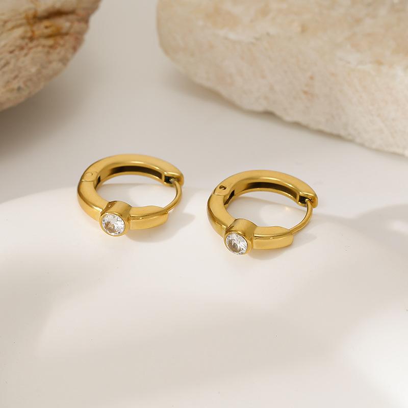 European and American extremely simple style smooth surface diamond-encrusted small ear buckle hoop earrings waterproof titanium steel buckle earrings