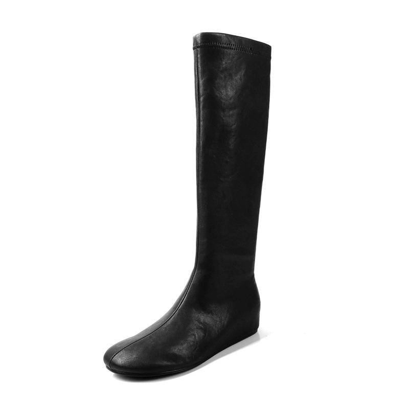French round head inner height increase slope heel elastic thin boots 2025 super fire beautiful huge good-looking early autumn tall boots women