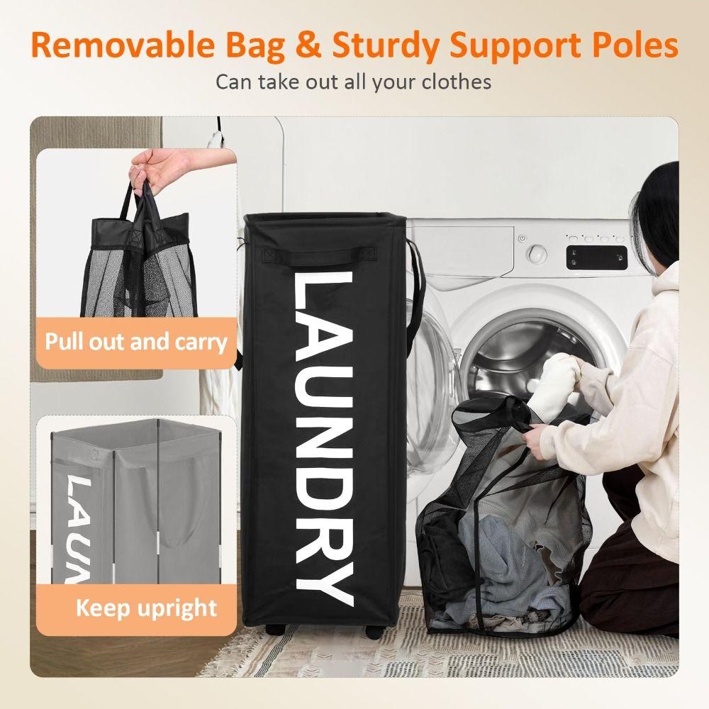 90L Capacity Laundry Basket with Rolling Removable Mesh Bag Clothes Hamper Organizer Sturdy Frame Foldable Hamper Dorm Use