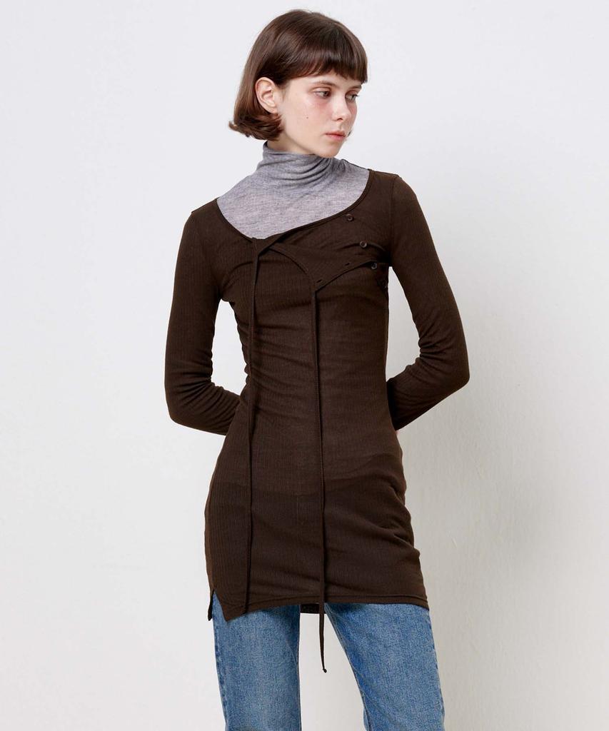 Plack Woman String Detail Layered Dress Brown