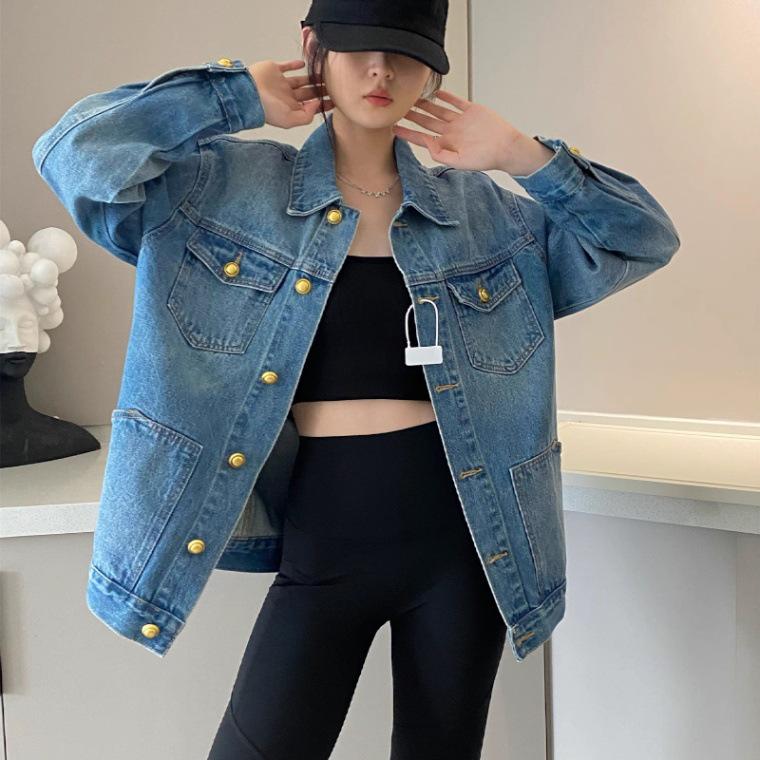 Hong Kong-Style Retro Heavy-Duty Washed Denim Jacket for Women - 2025 Spring/Autumn Collection, Loose Fit & Trendy