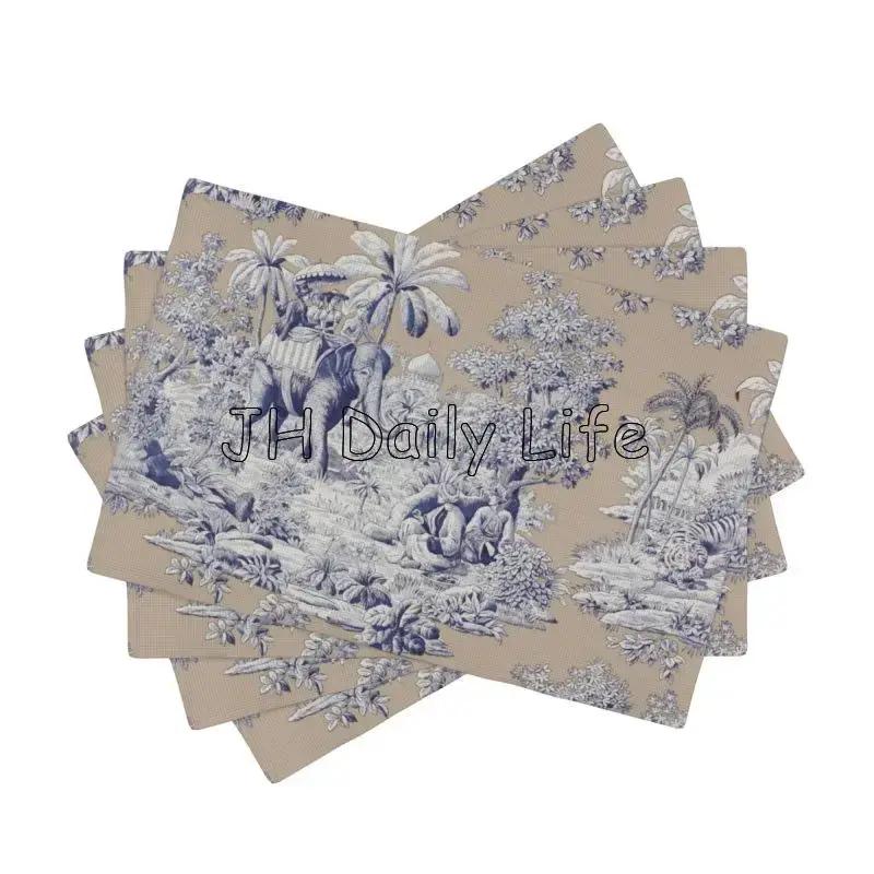 French Toile De Jouy Placemats Sets of 4 Waterproof Heat Resistant Linen Table Mats for Home Party Dining Table Decor 12x18 Inch