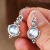 Huitan Aesthetic Imitation Moonstone Dangle Earrings for Women Bohemia Style Flower Earrings Anti Silver Color Vintage