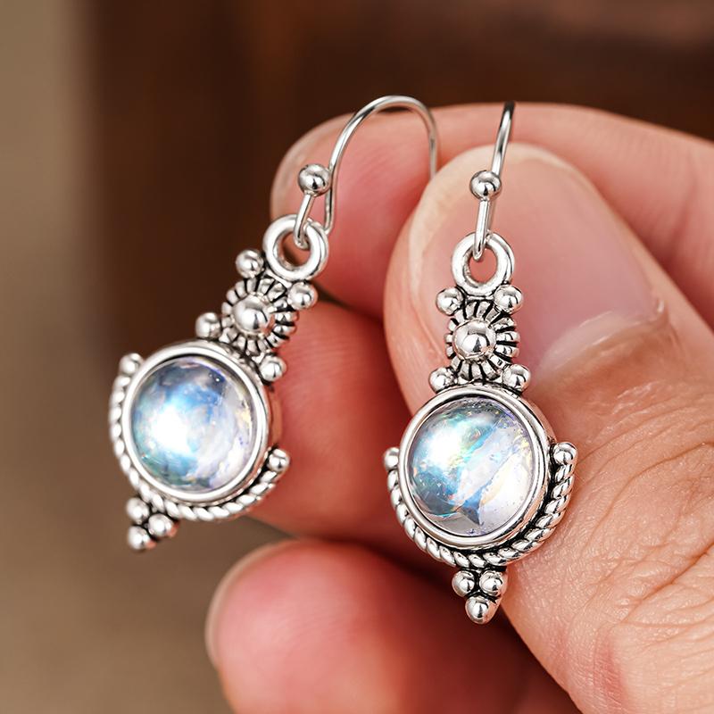 Huitan Aesthetic Imitation Moonstone Dangle Earrings for Women Bohemia Style Flower Earrings Anti Silver Color Vintage