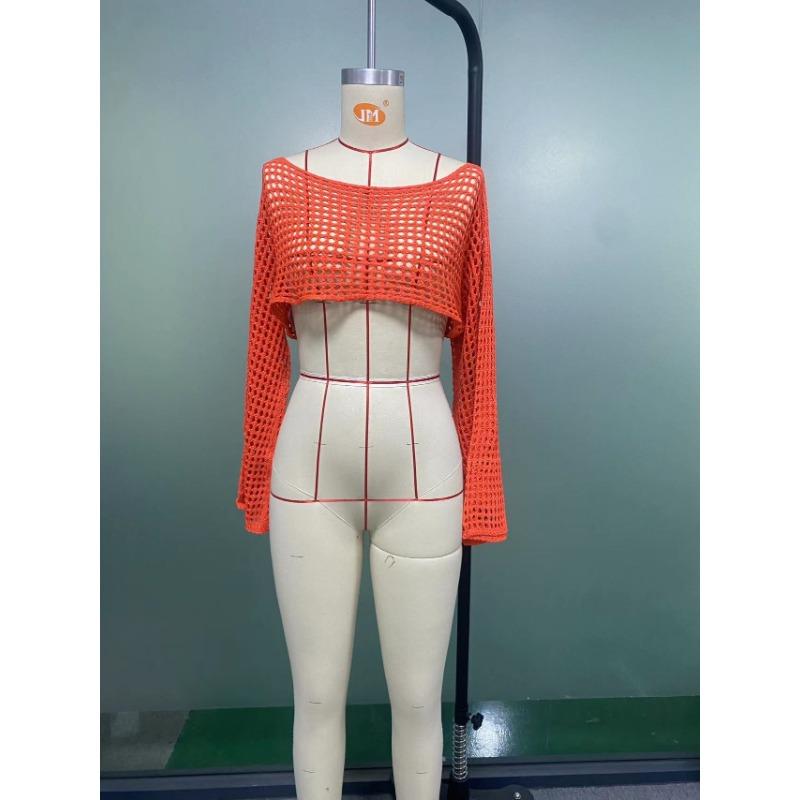Women's Cover Ups Fall Women's Hand Hook Sweater Casual Ultra Short Flared Sleeve Sexy Mesh Cover Up
