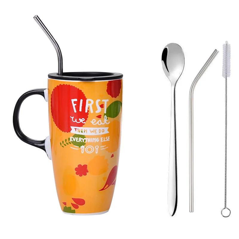 

600ML Ceramic Colorful Tropical Coffee Mug Tea Cup with Lid Spoon Straw Gift Packing Drinkware 600ml помаранчевий