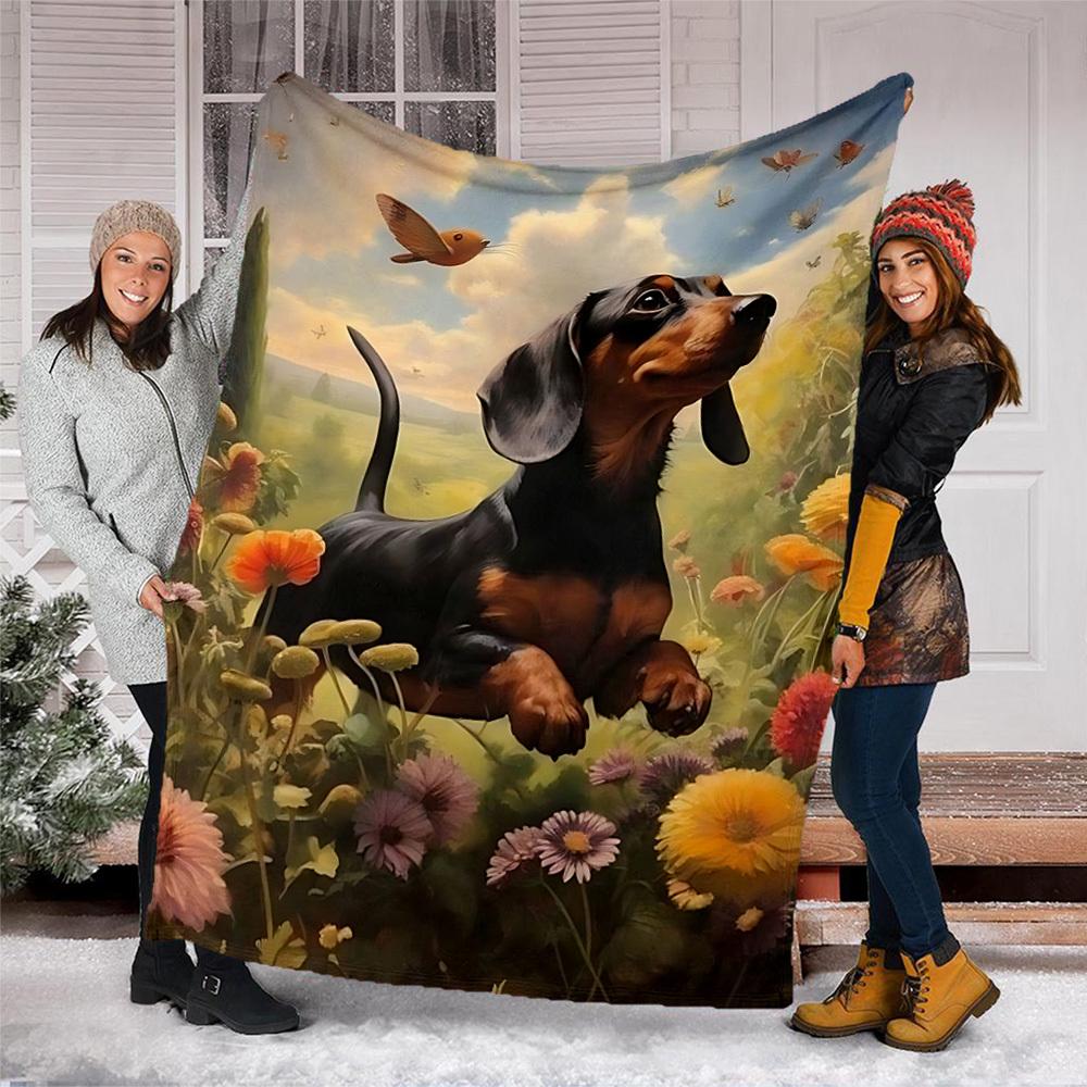 1pc Dachshund, Flower Field Print Outdoor Blanket, Lightweight Polyester,
