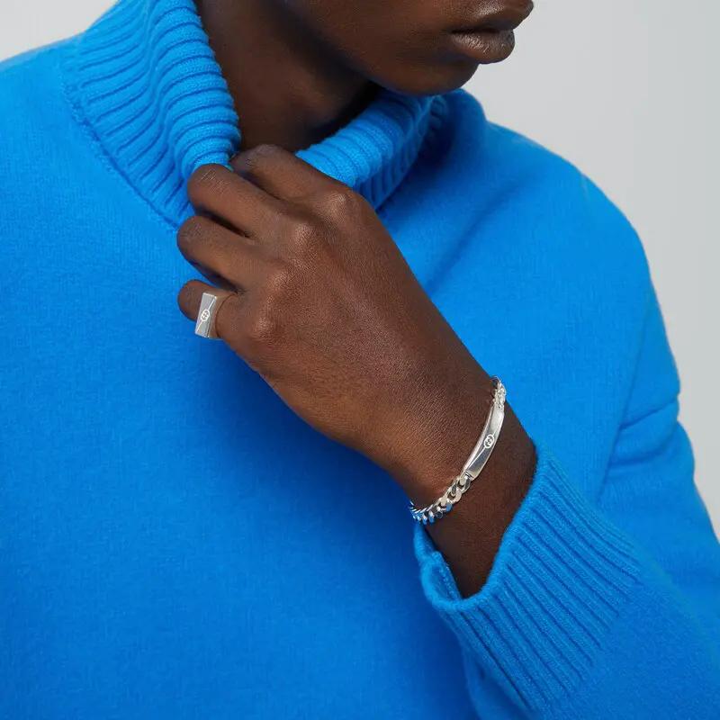 Gucci GG Supreme Horsebit Kette Twill Ineinandergreifende Doppel-G Gravierte Schließe Glänzendes 925 Silber Armband Unisex-Armband 774054-J8400-8106
