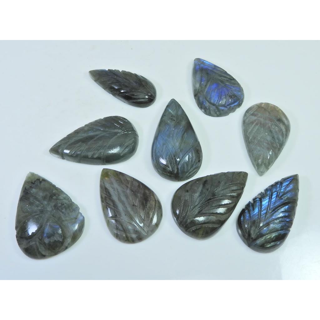 300Cts. Natural Labradorite Carving Pear Cabochon Loose Gemstone 09Pcs Lot LL-1127