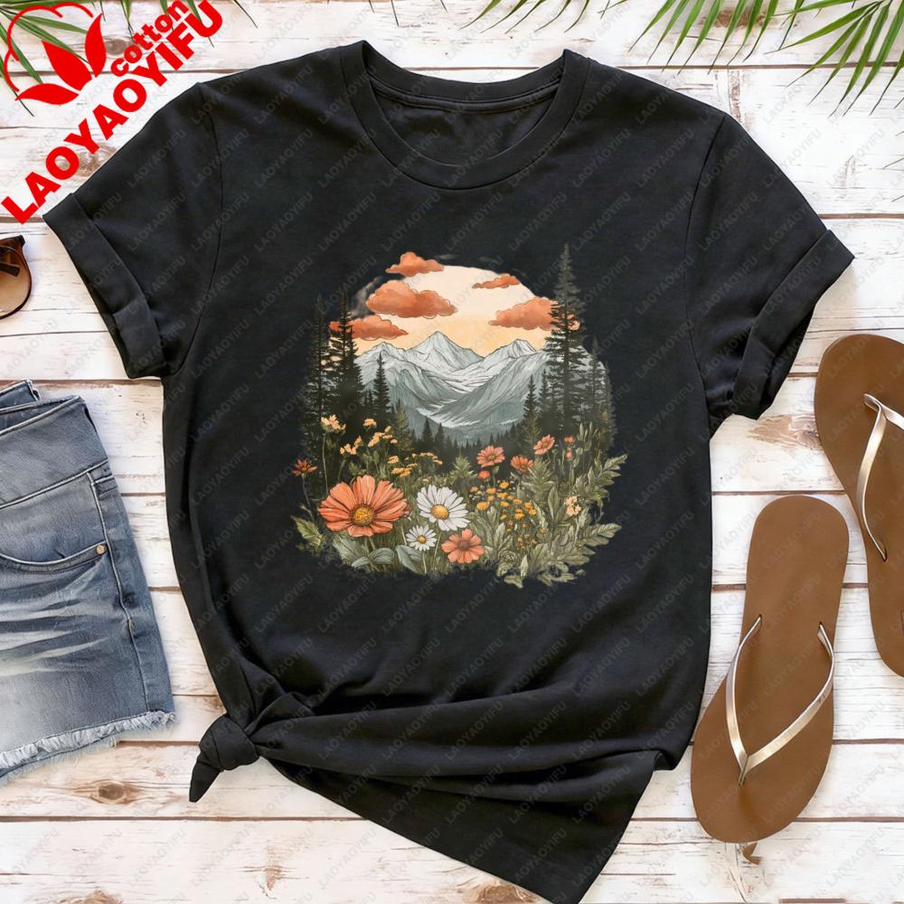 

Mountain Flower Forest Women TShirt Cotton Summer Short Sleeve Clothes Casual Fashion Top Outdoor Nature Lover T Shitr S