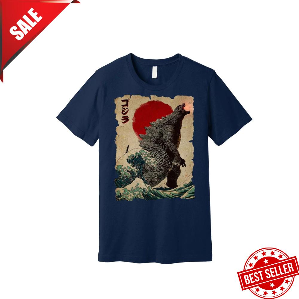 Vintage Japoński Godzilla Wielka Fala Plakat Koszulka Dla Mężczyzn - DARMOWA WYSYŁKA !!! Koszulka unisex