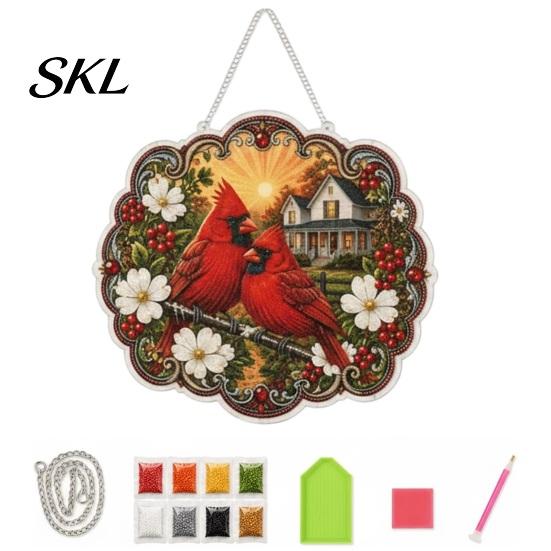 Pre-printed Diamond Canvas Cardinals & Sunrise Painting DIY Craft Kit, Acrylic Diamonds Hanging Decoration with Office Desk Pre-Printed Pattern A