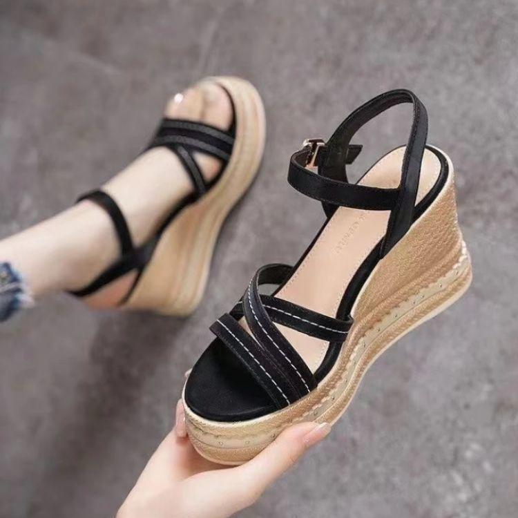 Wedge heel sandals women's summer 2025 new simple versatile muffin waterproof table high heel elastic band Roman shoes